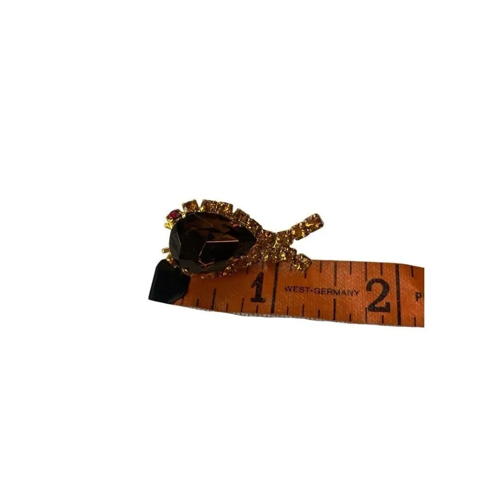 Vintage Gold Tone Amber Rhinestone Teardrop Brooch Pin Elegant Costume Jewelry